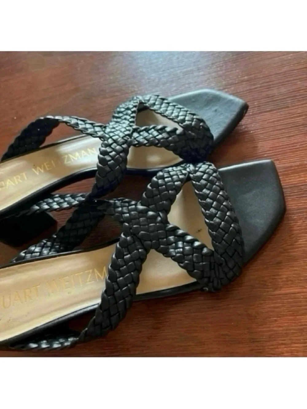 Stuart Weitzman Black Rosie woven braided slide sandal leather